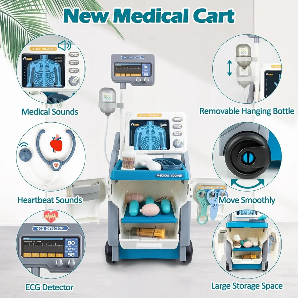 Ensemble Docteur 32 Pièces – Chariot Médical, Stéthoscope, Thermomètre – Sons Et Lumières – Dès 3 Ans