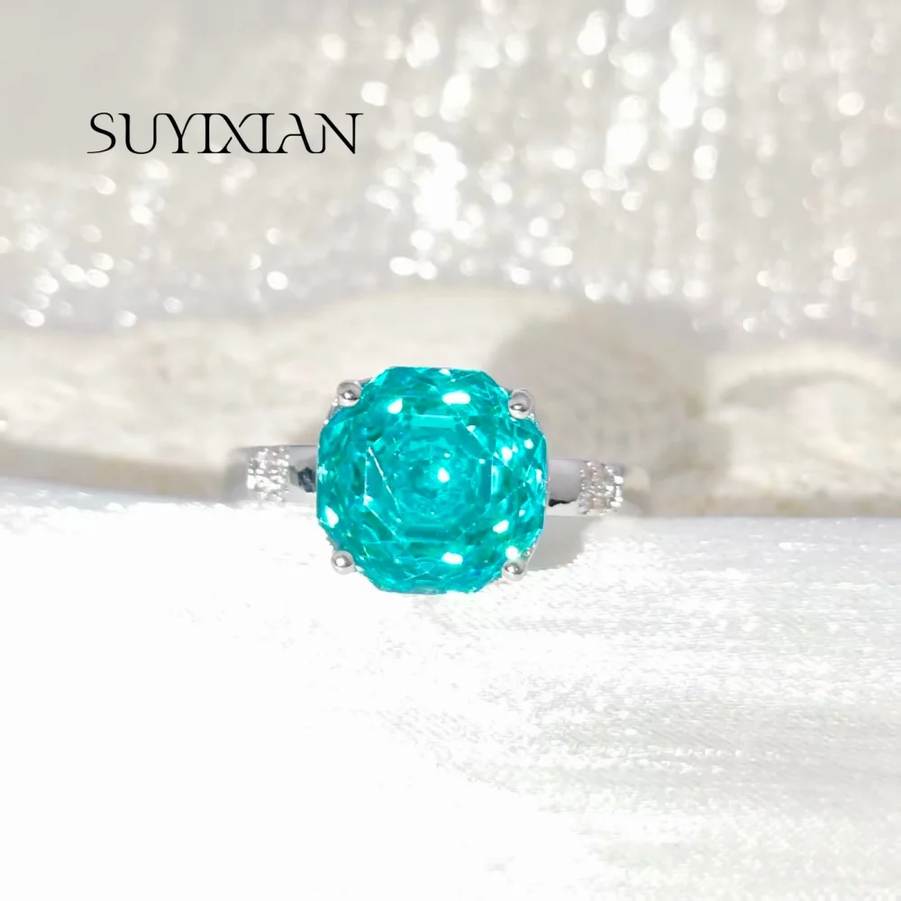 925 Sterling Silber Hochwertiger Luxuriöser Vielseitiger Achteckiger Rosenschliff Kristall Zirkon Farbverlauf Paraiba Ring für Damen – Detail 3
