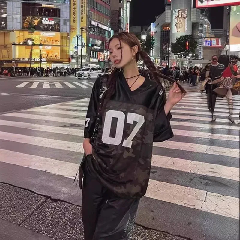 Retro Hip Hop High Street Sport Jersey Women's Loose Fit Vintage Streetwear Y2k T-Shirts Fashion Casual Rapper Oversized Tops