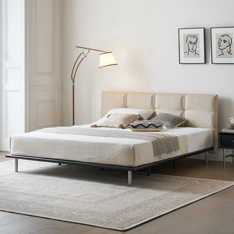 &c Modern Retro Cream Style Double Bed Cream-colored Frosted Fabric Wooden Small-Sized Suspended Bed for Master Bedroom Storage