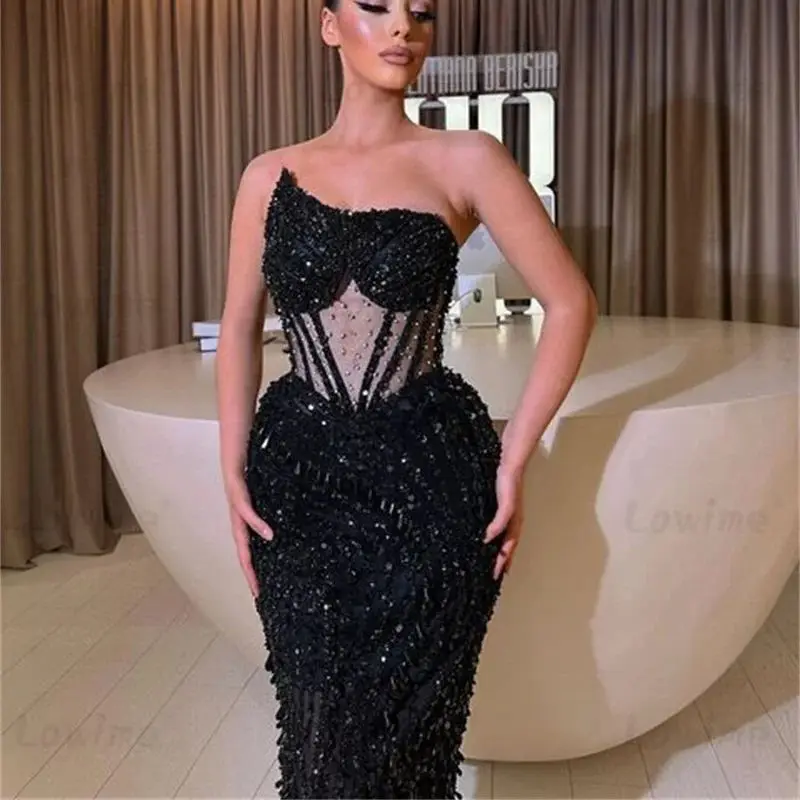 Long Black Celebrity Dresses 2024 Crystals Sweetheart Mermaid Evening Gowns Vestidos De Gala Women Prom Party Dress For Weddings