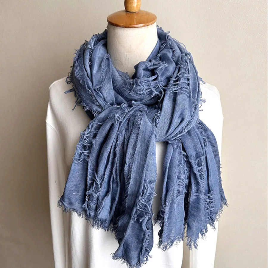 Fashion Denim Color Scarf Women‘s Retro Cotton Wrinkled Scarves Damaged Hole Shawl Autumn Winter Warm Soft Beggar Scarf