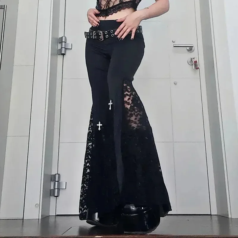 

Goth Mall Flare Pants Sexy Black Lace Patchwork High Waist Vintage Harajuku Hippie Punk Streetwear Pants