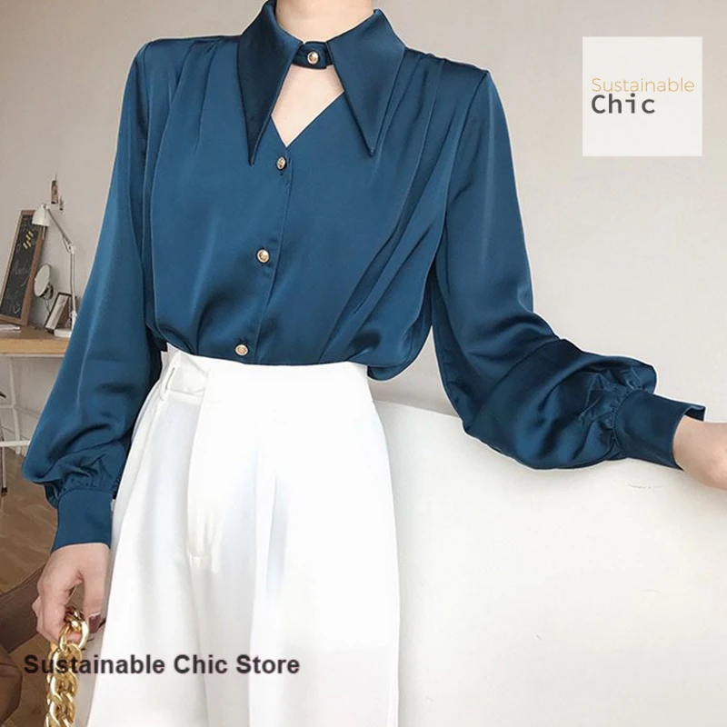 

French fashion apricot temperament V-neck high-grade satin chic shirt women's spring and summer new design sense niche top