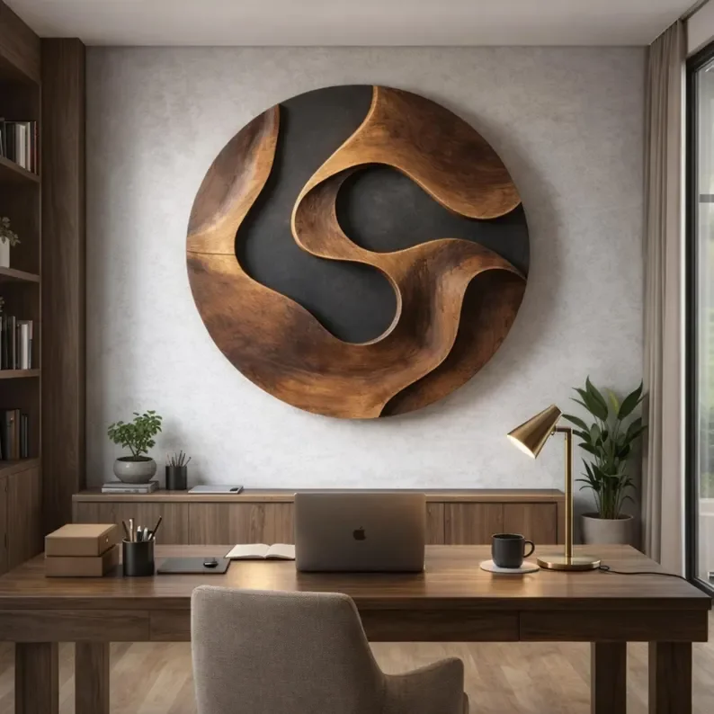 ！@Apartment Inlaid S-Curve Circular Wood Wall Sculpture Two-Tone Flowing Wall Hanging Decor