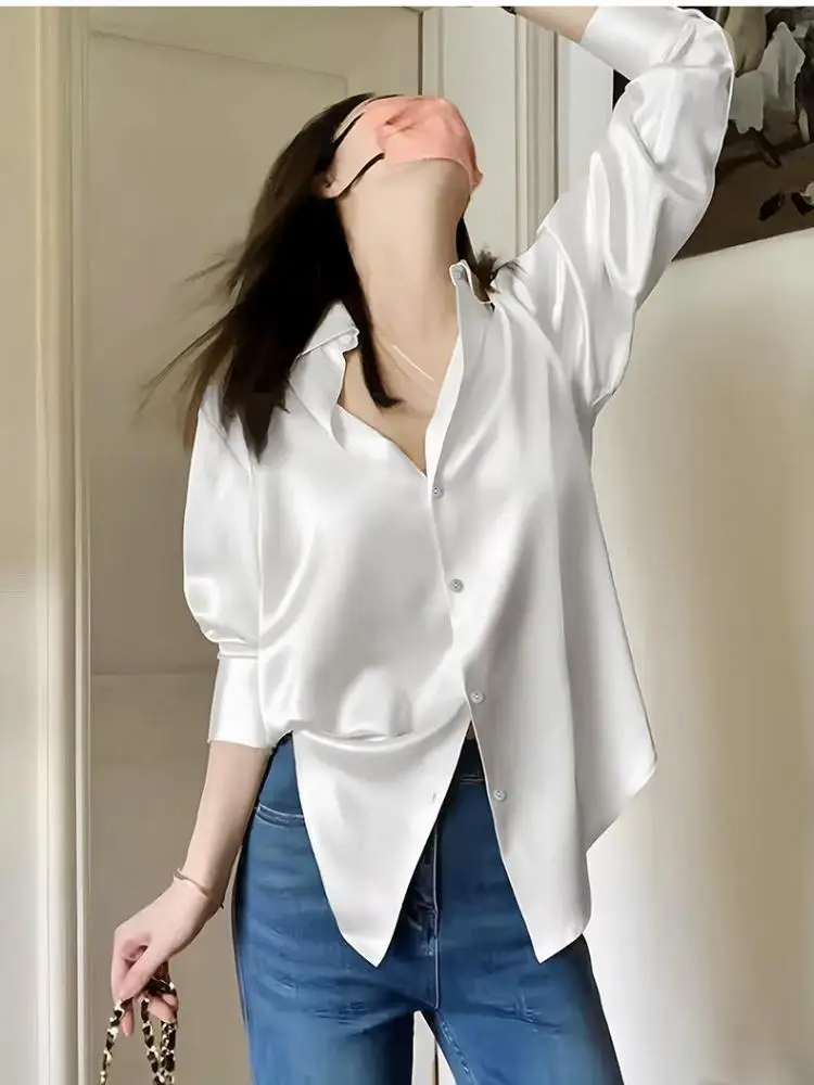 

Korean Women White Elegant Long Sleeved Single Breasted Shirt Autumn Holiday Versatile Office Lady Tops Popular Trend Simplicity