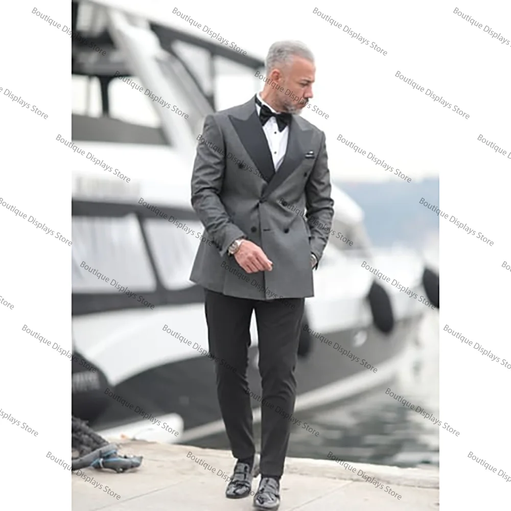 Gentlemen Grey Double Breasted Slit Men Suit Two Pieces(Jacket+Pants) Lapel Outfits Chic Casual Party Prom Wedding Set