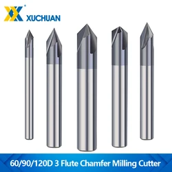 Cortador de fresado de chaflán de 3 flauta, 60/90/120 grados, broca de enrutador CNC, 2-12mm, molino de extremo de biselado de carburo, herramienta de fresado de grabado CNC