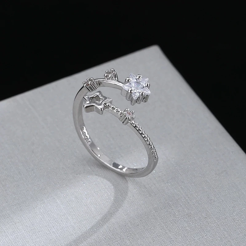 New Silver Color Hollow Five-pointed Star Rings for Women Flower Vine Adjustable Ring Inlaid Zircon Wedding Jewelry Party Gifts