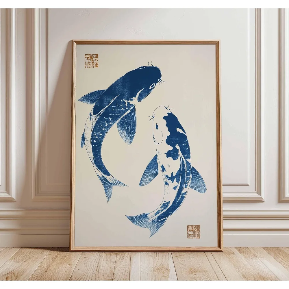 Japanese Koi Fish Poster, Vintage Style Wall Art Print Red Sun and Waves Oriental Art Decor for Zen Room Tattoo Inspired Artwork