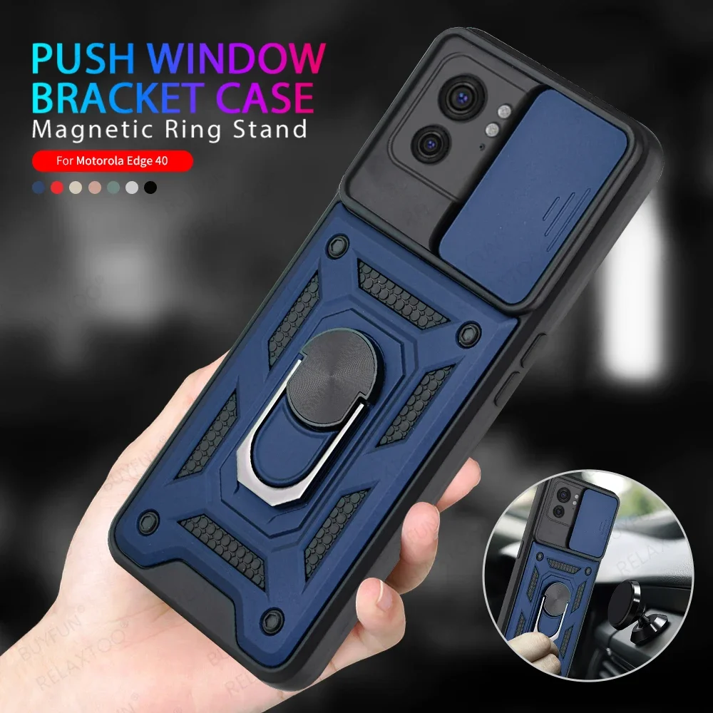 Edge40 Pro Case Ring Holder Push Window Armor Cover For Motorola Edge 40 Plus E13 E22 G53 G73 G13 Soft Shockproof Bumper Shell