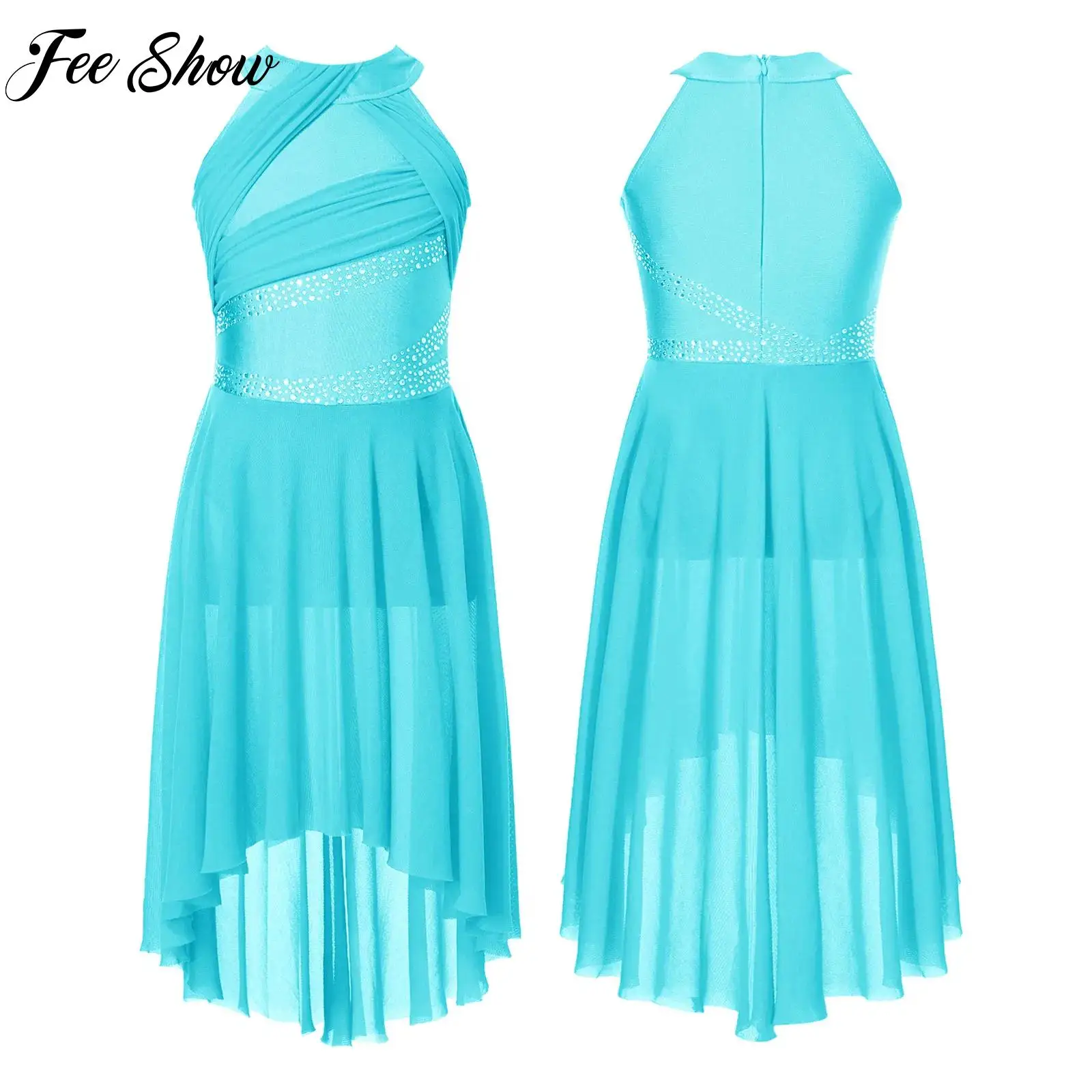 

Kids Girls Sleeveless Ruched Lyrical Latin Dance Dress Leotards Sparkling Rhinestone Contemporary Dancing Performance Dancewear