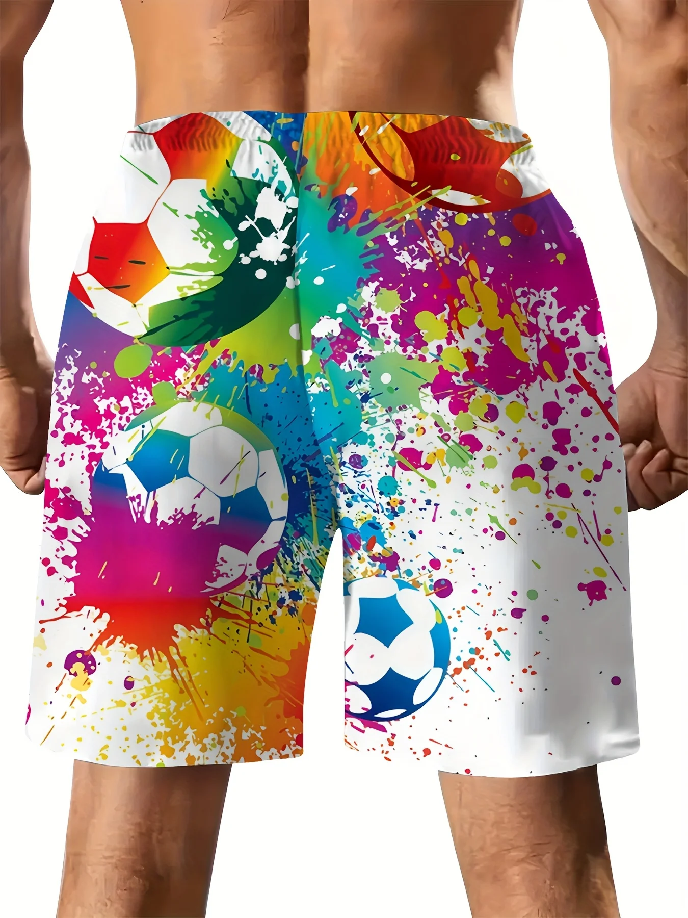 Men's Quick Dry Casual Shorts, Multicolor Ink Splash Soccer Print, Drawstring Side Pockets for Summer Vacations