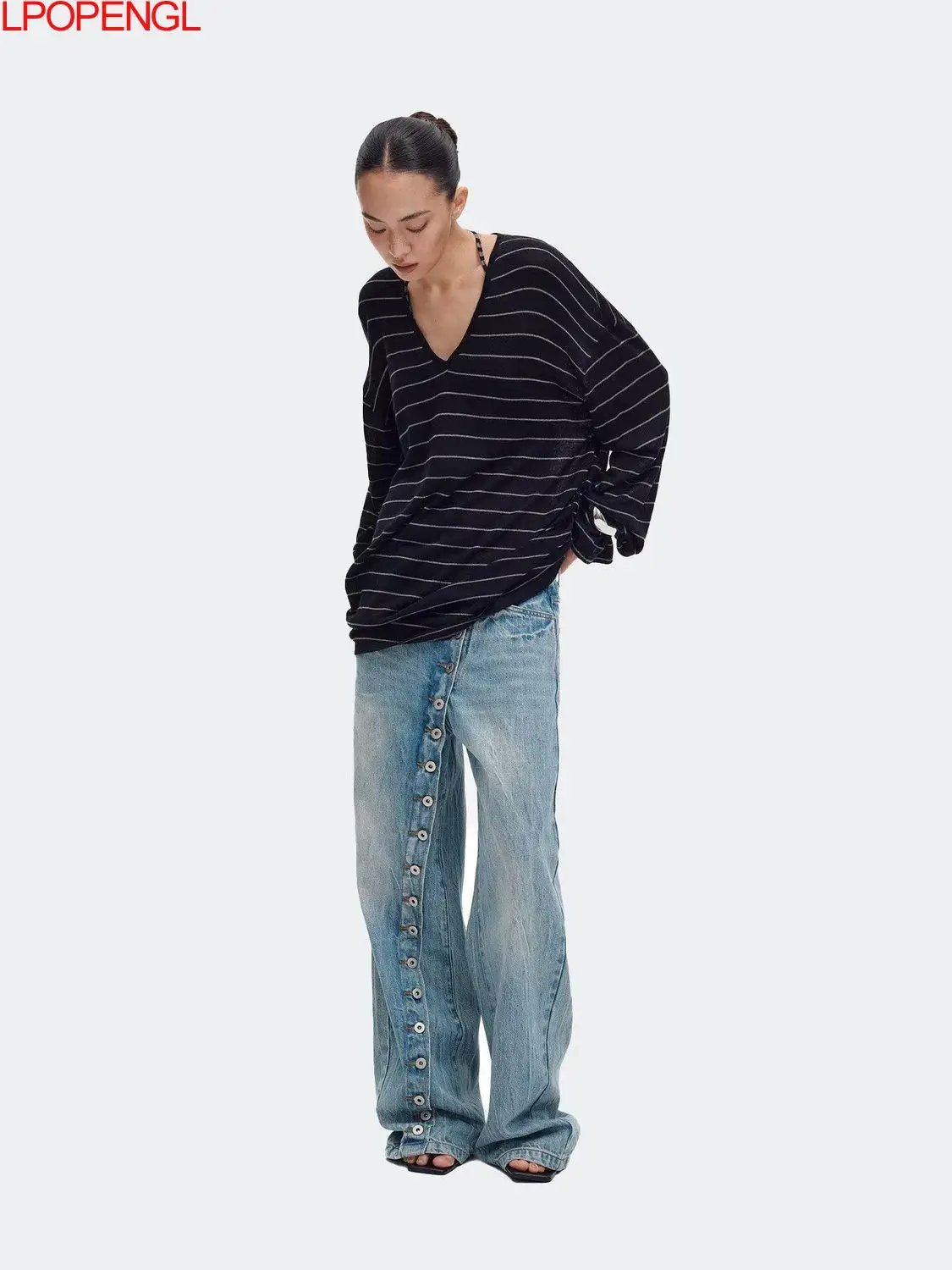 New Spring And Summer Street Trend Slanted Placket Button Up Jeans Women Wide Leg Jeans Personality Vintage Loose Straight Pants