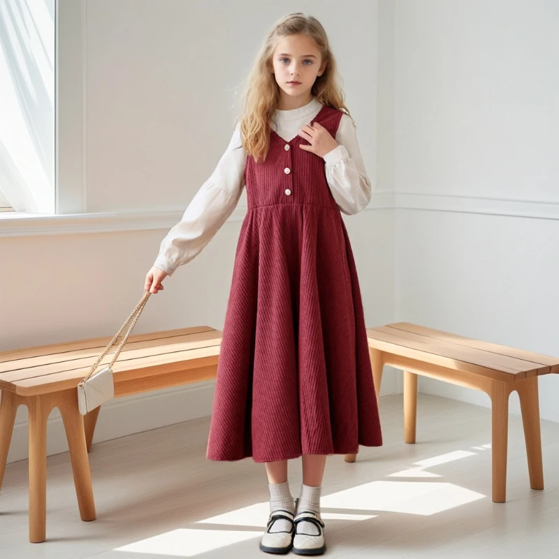 

Teens Girls Dress 2025 Spring Corduroy Long-sleeved Fake Two-piece Patchwork Princess Dresses for Children Casual Daily Clothes