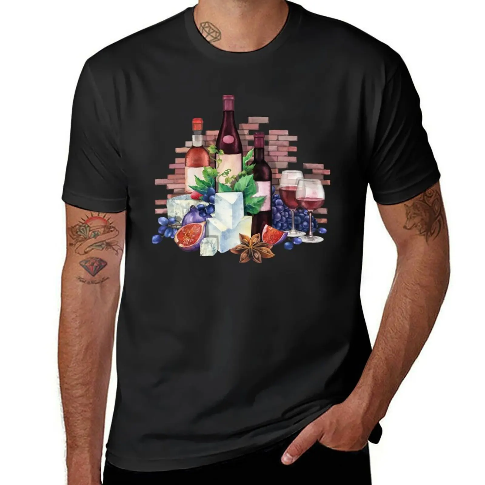 Watercolor wine glasses and bottles decorated with delicious food T-Shirt vintage Men's clothing