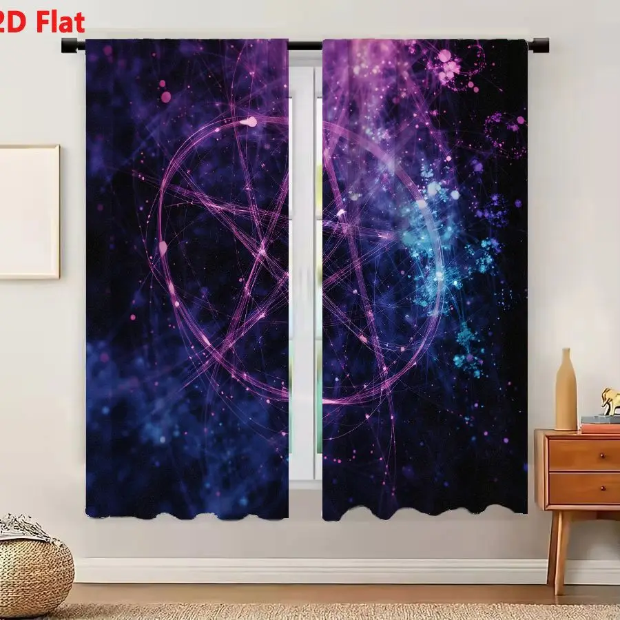 2Pcs Curtains 2D Flat Abstract Futuristic Digital Artwork Dark Starry Background Deep Purples Blues Semi-transparent Magenta Cir