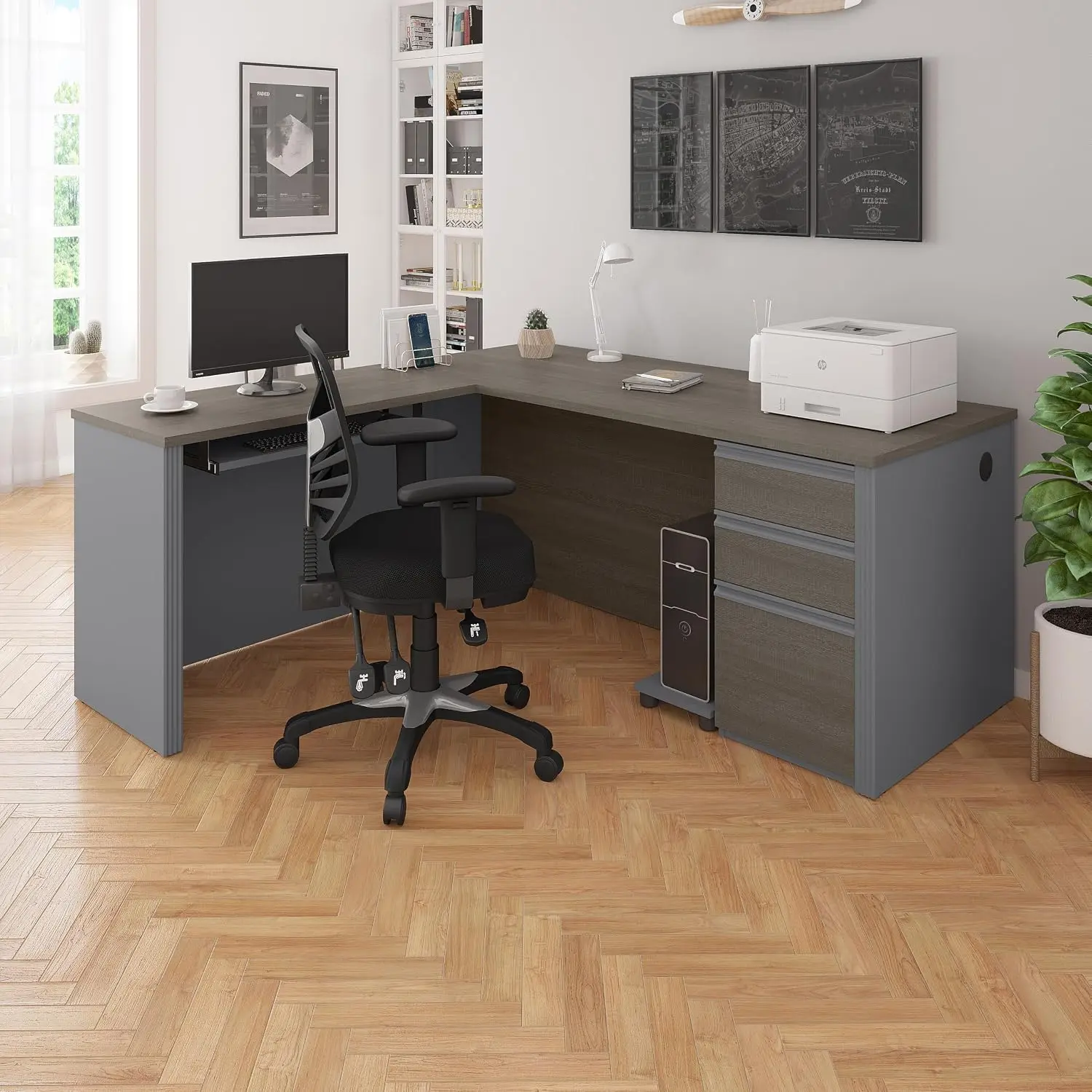 L-Shaped Office Desk with Pedestal Storage, 72W, Bark Grey & Slate, Customized