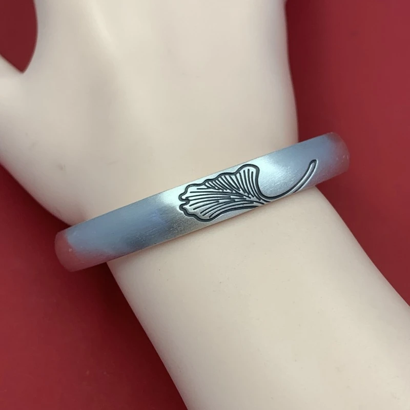 Vintage Matte S999 Sterling Silver Open Bangle Ladies Embossed Ginkgo Leaf Pattern Adjustable Wrist Bracelet Gift for Her