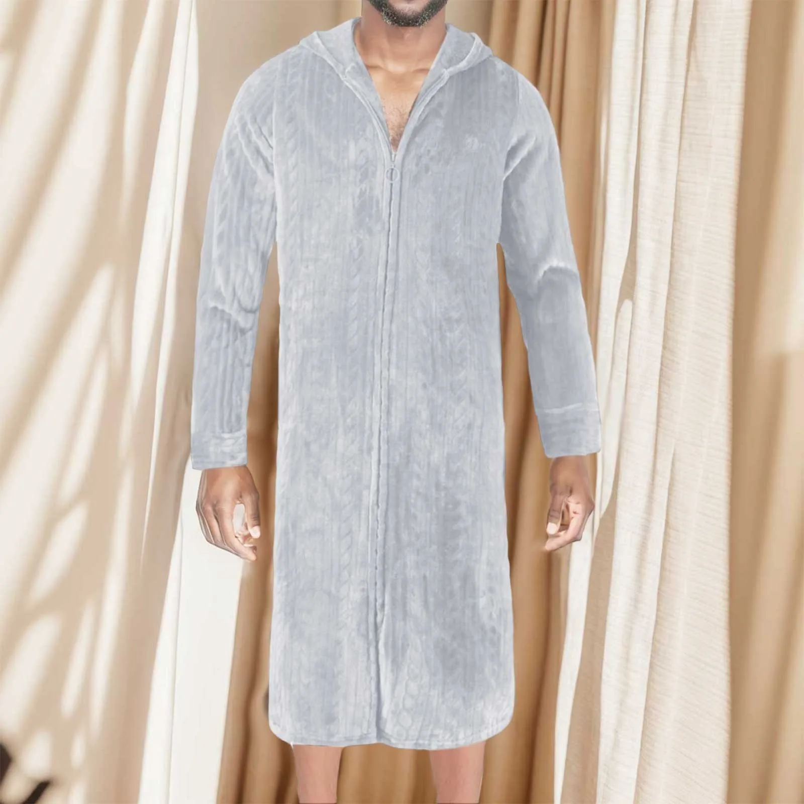 Roupão de banho de flanela térmica masculino com zíper, robes sólidos de manga comprida, roupões casuais soltos, grossos e quentes, plus size, outono e inverno