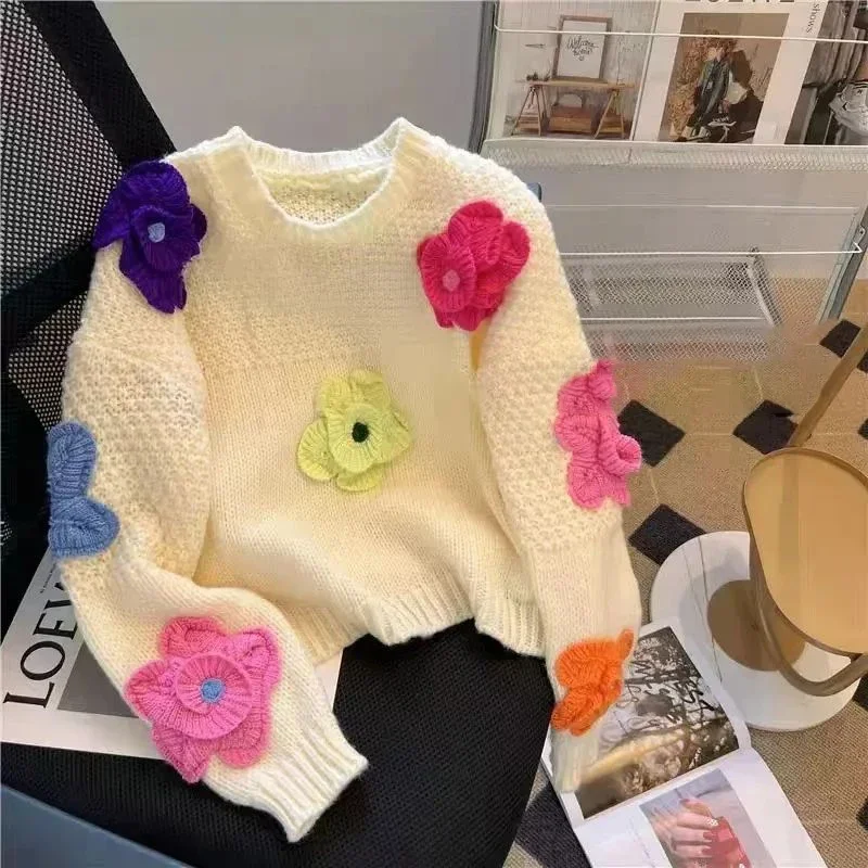 

Three dimensional flower knitted sweater 2024 new loose new sweet pullover sweater sweaters LOOSE FIT