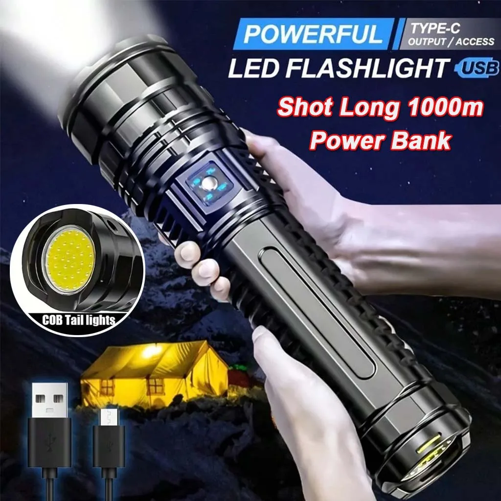 Super Bright LED Flashlight 1000m Long Range Tactical Torch With Five Lighting ModesUSB Rechargeable Power Bank COB Tail Light Light for Camping Hiking Emergency