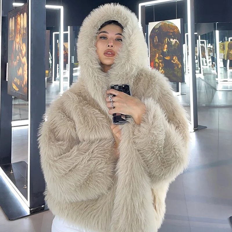 

new Faux fur solid color hooded fashion loose hooded medium length fur coat winter coat