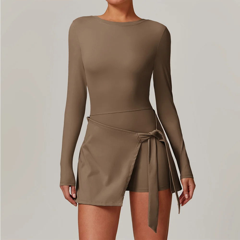 Romper Backless Set Long Sleeved Gym Sports Fitness Bodysuit Siamese Sportswear Women Clothes Jumpsuit Skirt Playsuit Yoga Suit