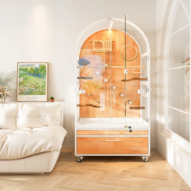 Luxury Solid Wood Panoramic Bird Villa: Large Transparent Glass Splash-proof Cage For Parrots & Macaws