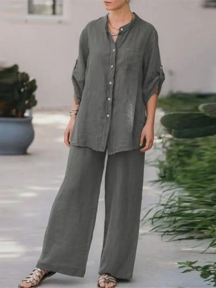 

Женский повседневный свободный комплект из хлопка и льна из двух предметов, рубашки с длинными рукавами и v-образным вырезом на пуговицах, топы и широкие брюки, модные комплекты