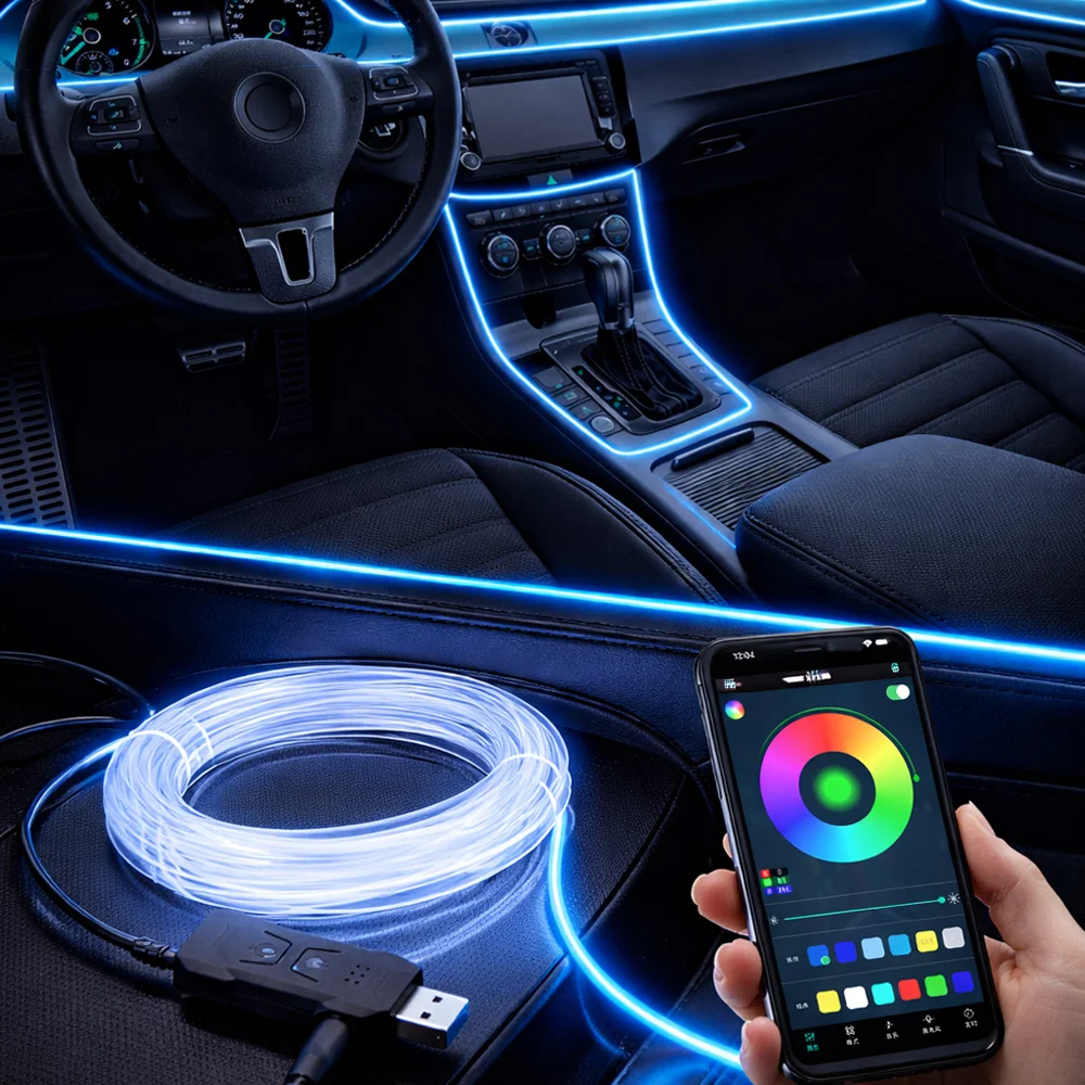 Luz Ambiente para Interior de Carro, Fita de Luz LED RGB, Luz Neon Invisível, Lâmpada de Fibra Óptica USB, Suporte para Controle por APP, 2/3M