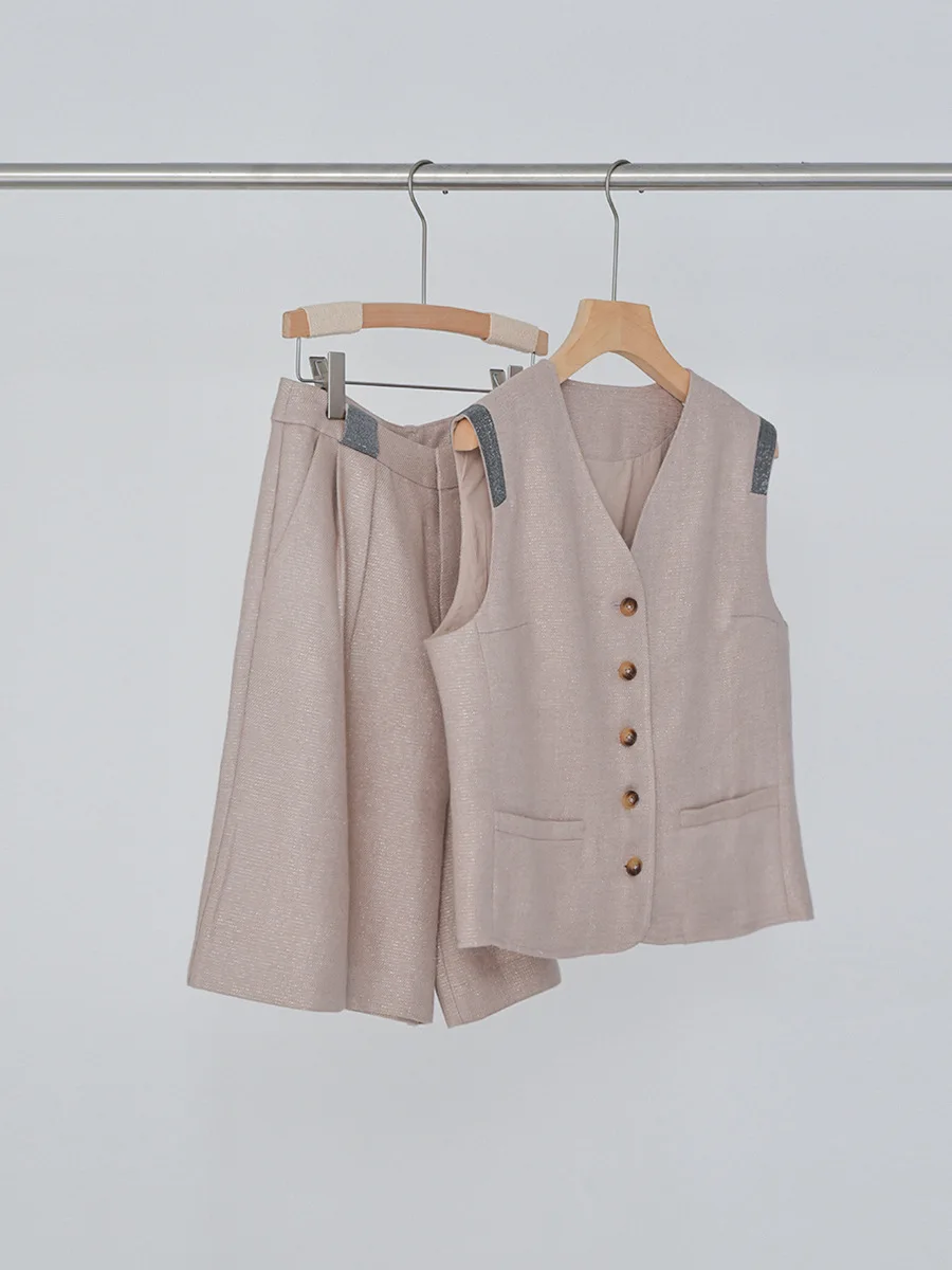 

2025 Spring Summer Women's New V-neck Sleeveless Pullover Waistcoat With five Trousers Set