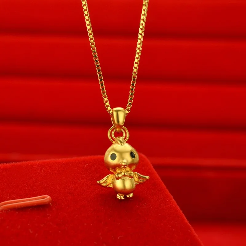 Women sweet dress matching chick pendant necklace made from AU999 24K pure gold, adorable cartoon accessory for daily dating