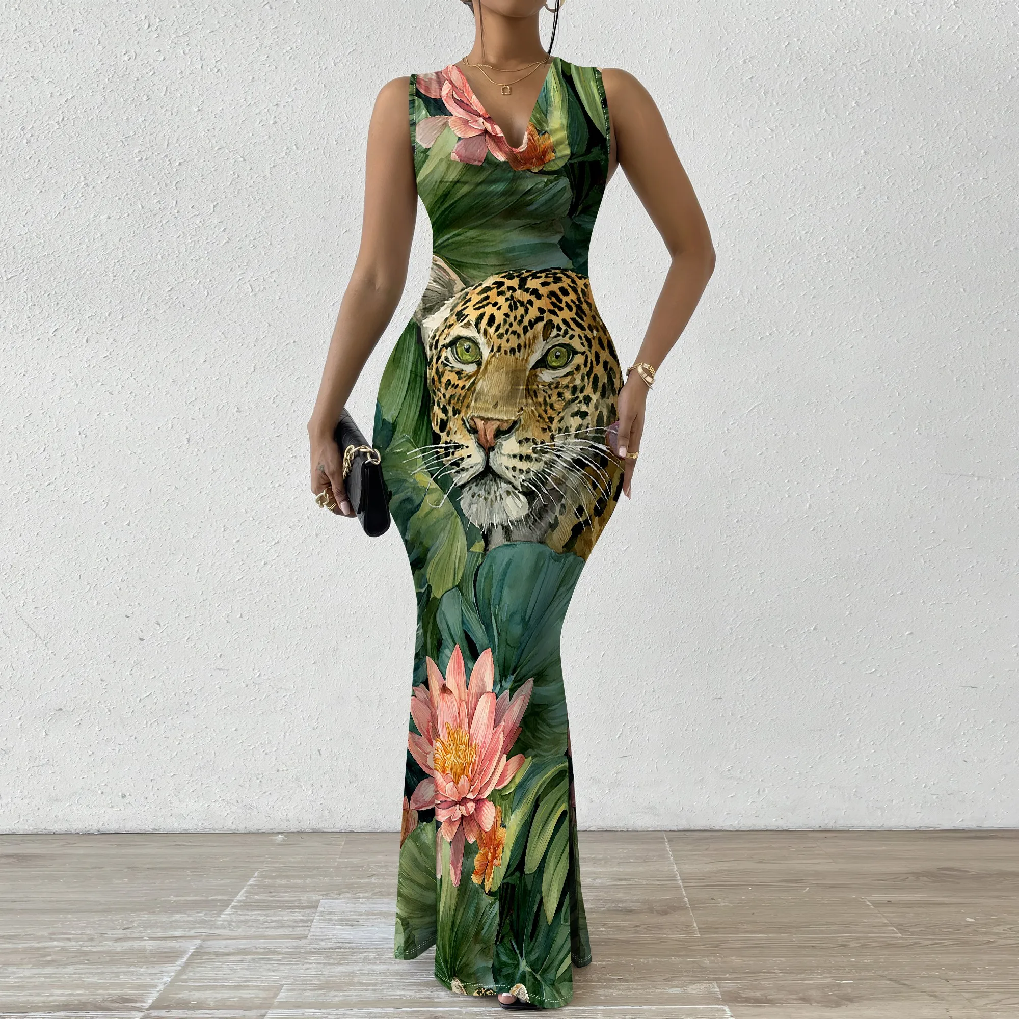 

Women's Exotic Leopard Print Maxi Dress - Tropical Floral V-Neck Bodycon Mermaid Gown for Summer Party & Resort Wear XS-2XL