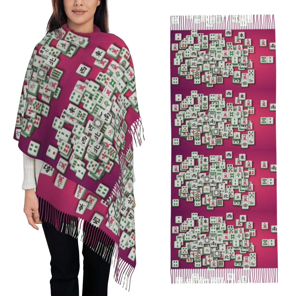 

Шарф с узором плитки для маджонга, шарфы с кисточками для женщин, мягкие теплые шали и накидки, длинная осенне-зимняя шаль