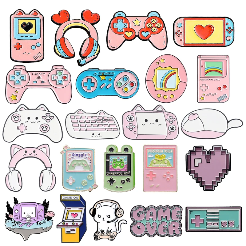 Pink Love Earphones Enamel Pins Creative Cartoon Cat Game Console Handle Brooch Badge Trendy Cute Lapel Jewerly Gift For Friends