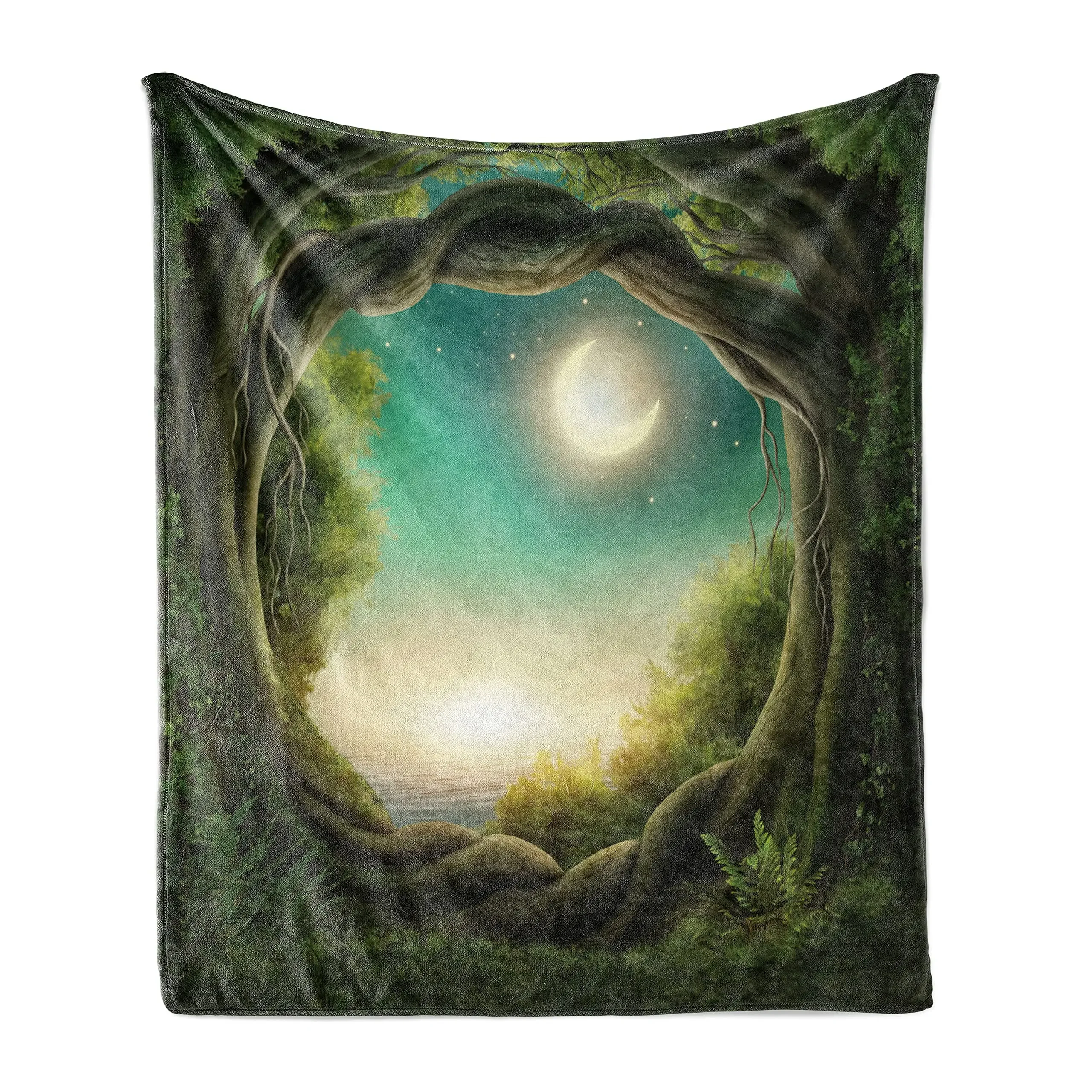 Forest Throw Blanket Curly Branches Trees In Enchanted Forest Full Moon In Night Sky Illustration Flannel Blanket for Adult Gift