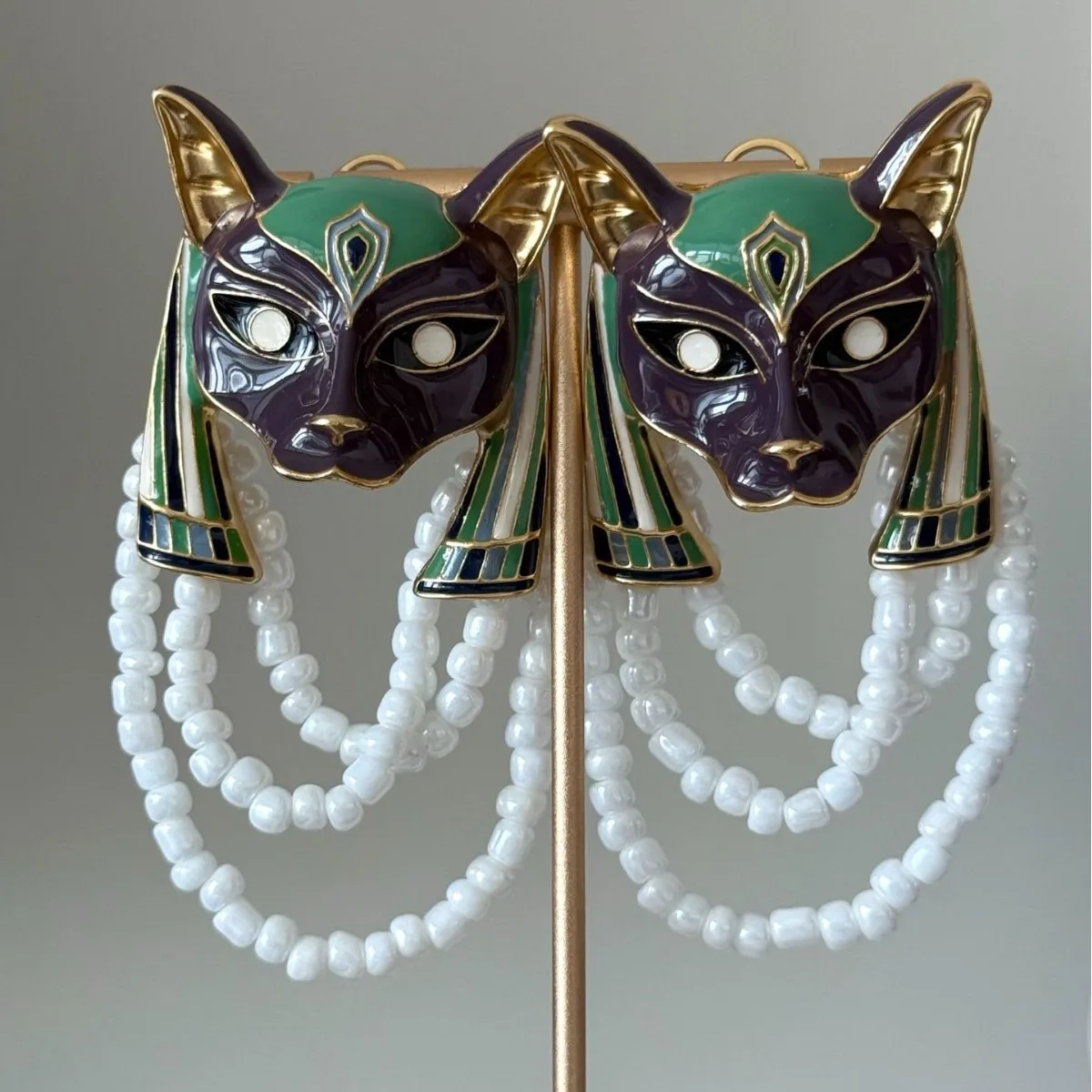 Retro enamel fox mask earrings niche palace style versatile stud earrings medieval Egyptian cat earrings