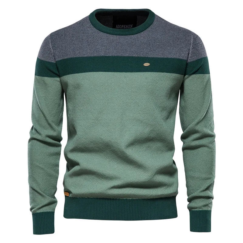 Autumn Winter Men's Fashion Color Matching Round Neck Casual Pullover Sweater Slim Fit Striped Patchwork Long Sleeve Knitwear
