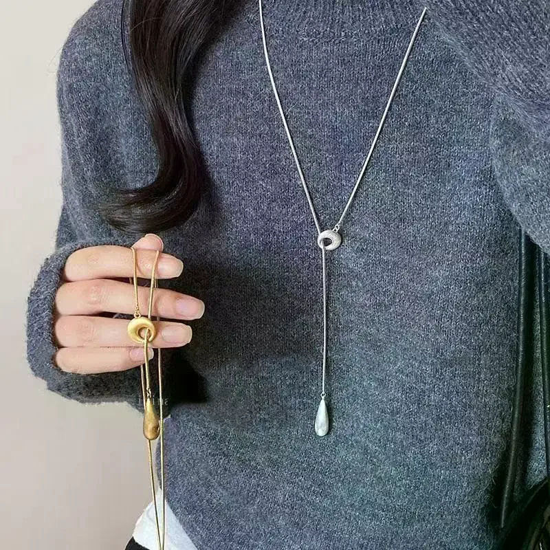 /HTF/Water Droplet Pendant Necklace For Women Fashion Irregular Metal Smooth Long Y-Shaped Necklace Sweater Chain Jewelry Simpl