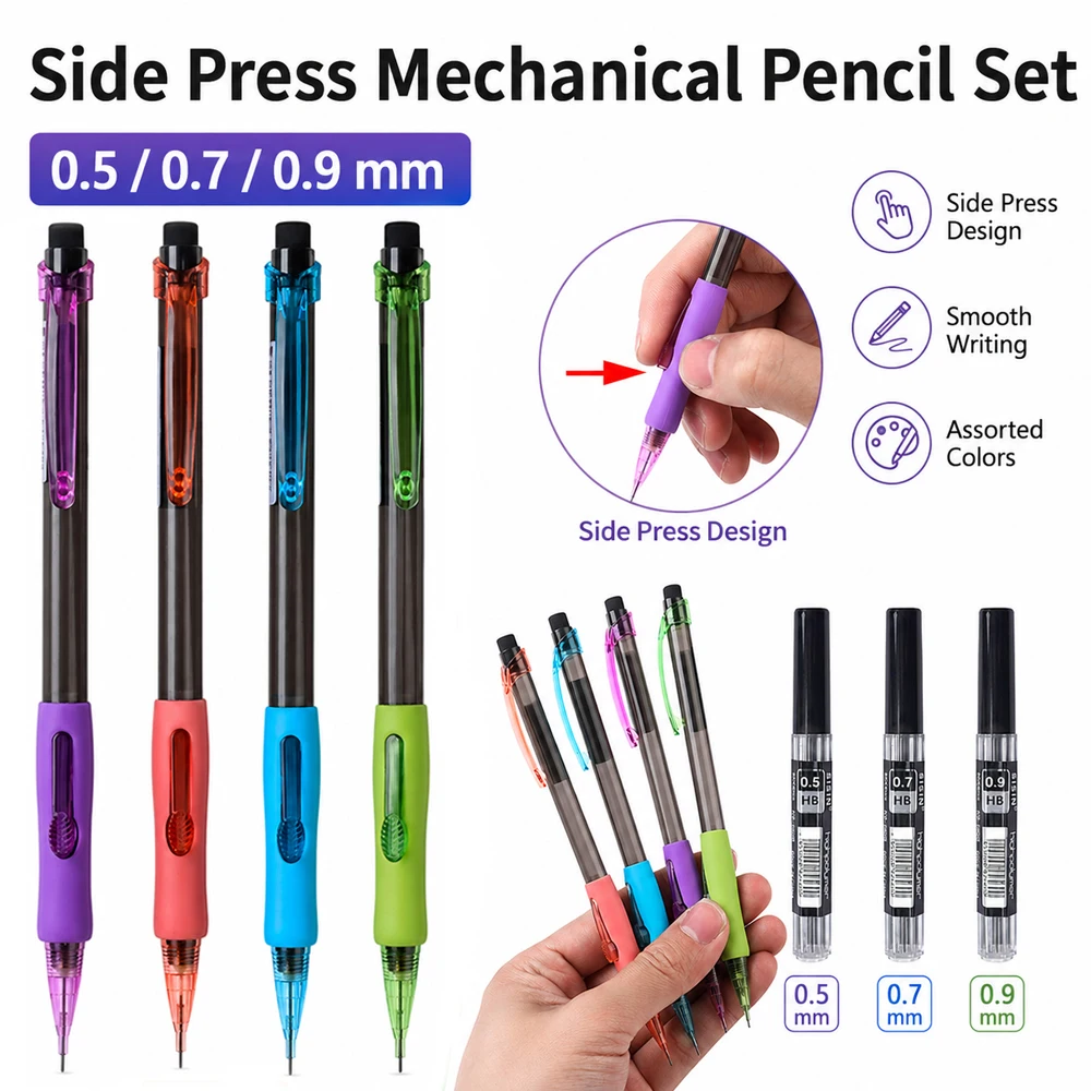 0.5/0.7/0.9mm Professional Side Press Automatic Pencil Set with 6 box Leads,for Drawing, Sketching, Writing, Office Supplies