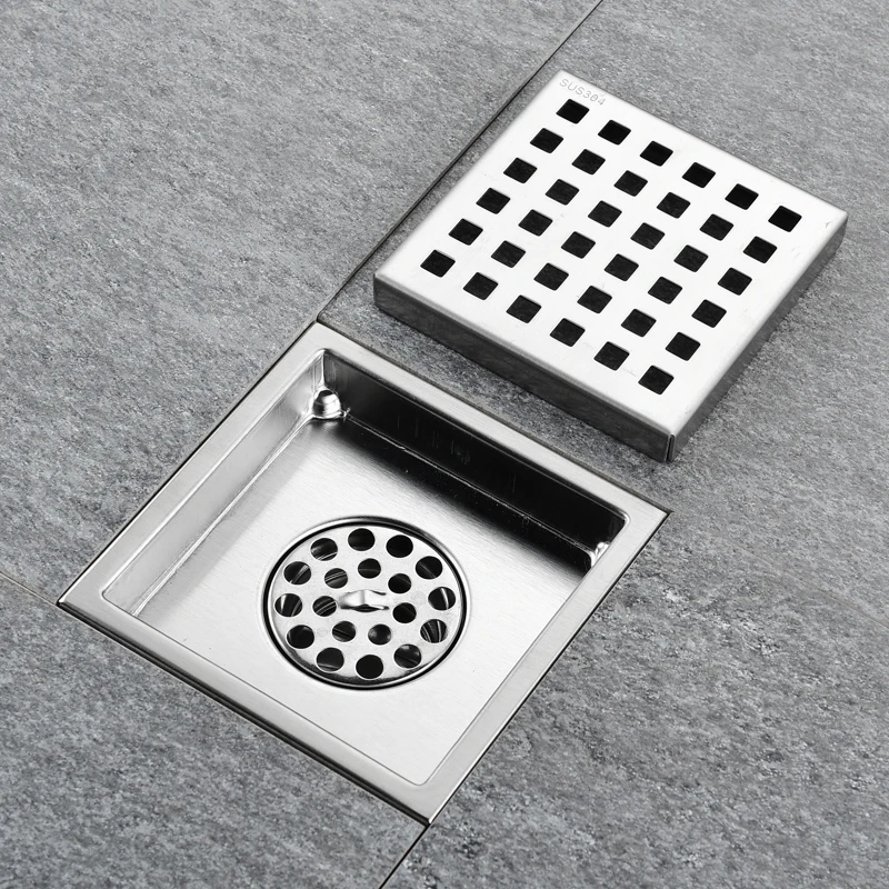 Anti-odor Square Shower Floor Drain with Removable Cover Grid Grate Waste Filter Drainage Grid Drain Strainer SUS 304 Stainless