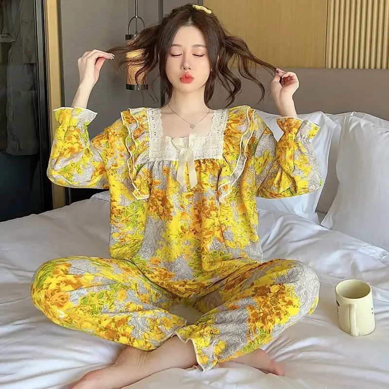 

Spring Autumn Pajamas Girl Cute Pyjamas Long Sleeve Plus Size Loungewear Set Couples Sleepwear Square Collar Lace Hem Nightdress