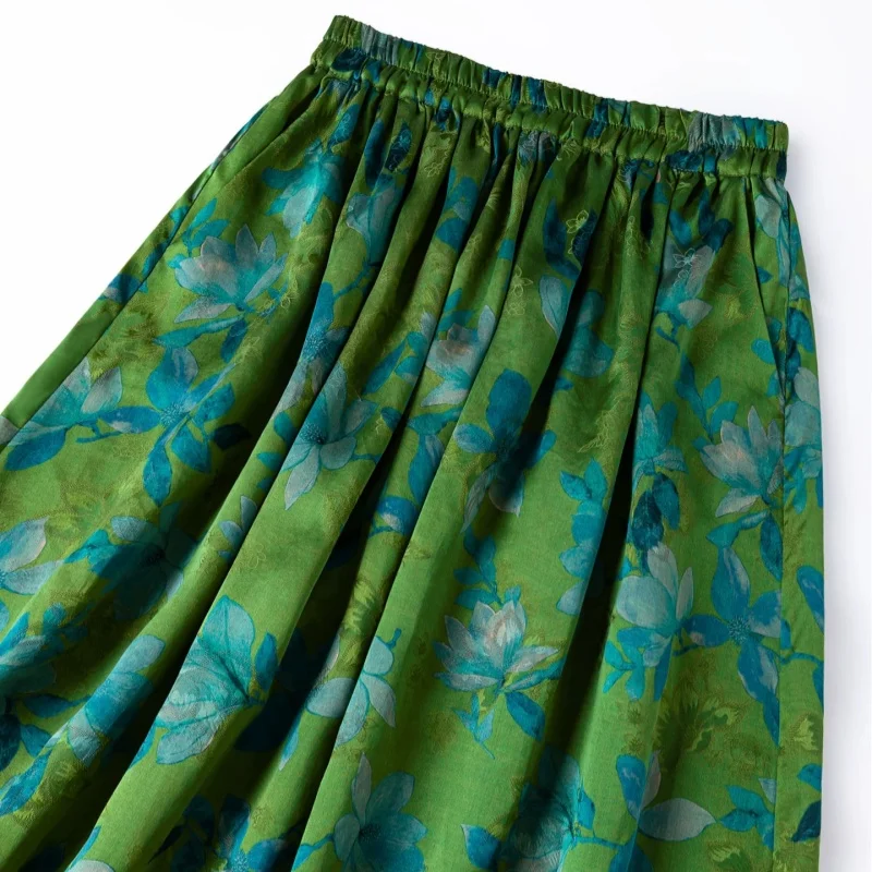Birdtree, 100% Real Silk Jacquard Satin Skirt, Elastic Waist, Women Floral Luo Xiangyunsha Skirts, Breathable, 2026 New D66007JF