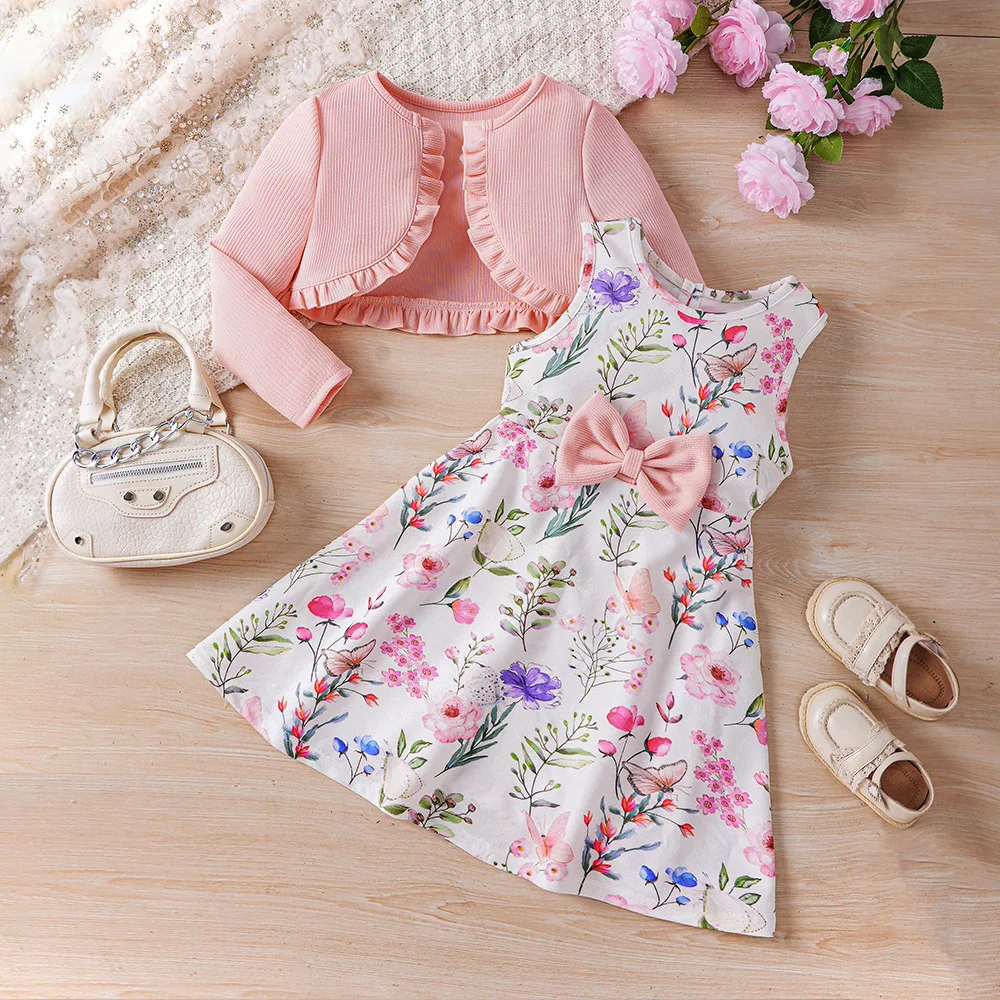 

Autumn Kids Girls Dress Set Solid Knitted Jacket +Floral Sleeveless Girl's Skirt Princess Children Clothing For 2 3 4 5 6 7 8 Y