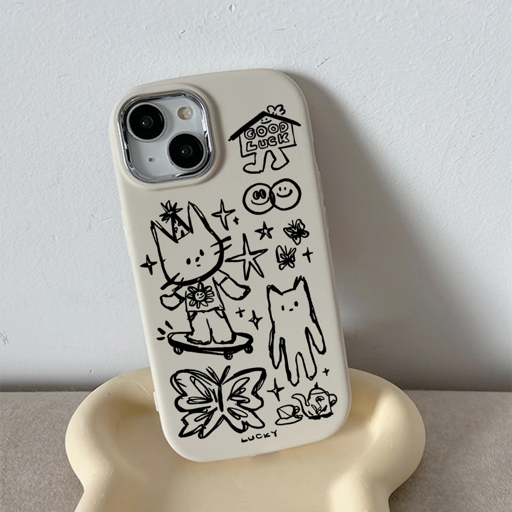 Cute Sketch Black Cat Phone Case For Xiaomi Mi 12 POCO F5 X3 NFC Redmi 9C 10 13C K30 K40 K60 Ultra Note 10 12 13 Pro 4G 5G Cover