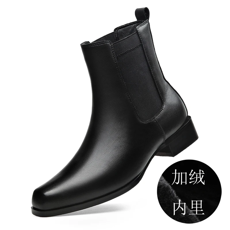 Ankle Boots Mens High Rise Mid Length Winter Plush Cotton Shoes High Cut Genuine Cowhide British Business Leather Chelsea Boots