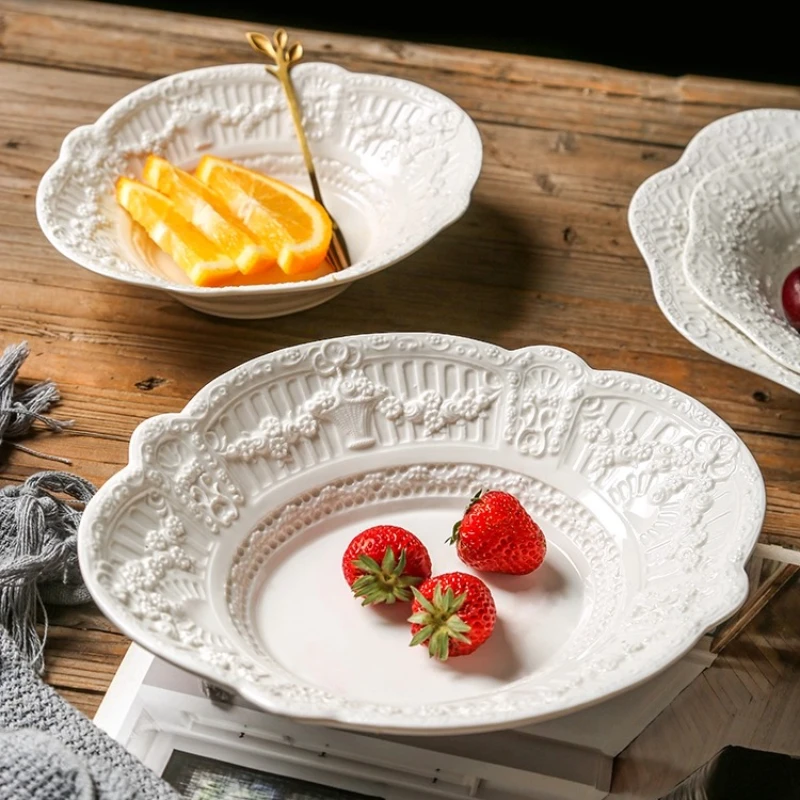 Modern Ceramic Dinner Plates Handmade Flowers Border Relief Decorative Home Fruit Salad Plates Wedding Center Desktop Cake Dish