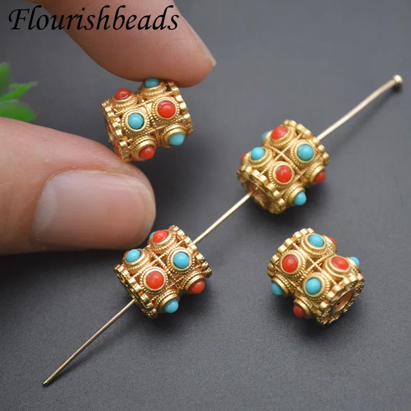 

10x11mm Matter Gold Color Paved Synthetic Stone Beads Brass Special Vintage Nepalese Beads for DIY Necklace Jewelry Making