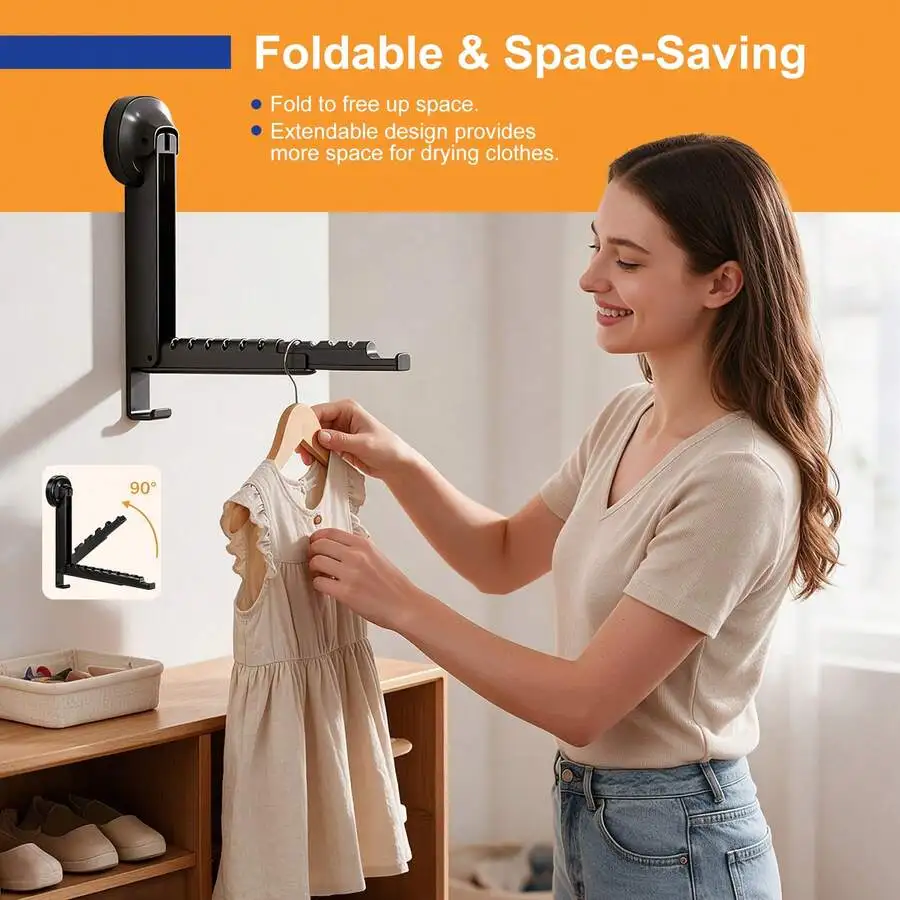 Suction Cup Foldable Clothes Drying Rack, 90° Rotatable Wall Mounted Clothing Hanger, Multi-Notch Heavy Duty Clothes Hanging Rod